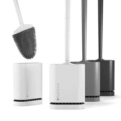 Image of SAVEGA Silicone Toilet Brush with Flat and Flexible Head Quick Drying Holder Modern for Wall Mounting No Drilling (White, Matte) Set of 1