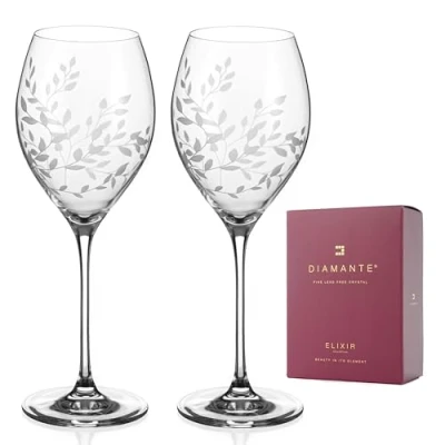 Image of DIAMANTE Crystal Wine Glasses Pair ‘Breeze’ Intricately Etched Floral Leaves Pattern Set of 2