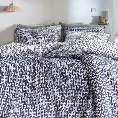 Image of LERUUM Duvet Cover Bedding Set Geometrical Reversible Greek Key Pattern%100 Cotton Luxurious Quilt Bed (240x220 + 2(65x65), Classy Navy)