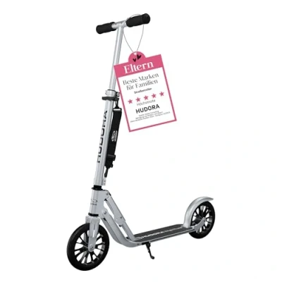 Image of HUDORA BigWheel 205 Scooter Stable Aluminum Adjustable &amp; Foldable City with Stand Sporty for Kids Adults up to 100kg, Silver