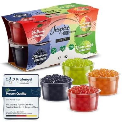 Image of INSPIRE FOOD Bubble Tea Pearl Set 4 Pack Popping Boba Fruit Pearls Strawberry, Mango, Green Apple, Blueberry Tapioca 100% vegan and gluten free, without artificial colorings, 100g each
