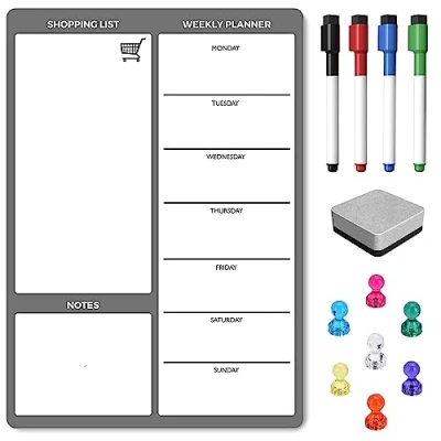 Image of TMS Whiteboard Planner Fridge Magnet 30 x 21cm Magnetic Weekly Planner, Dry Wipe Memo Board, Daily Calendar + Shopping List for Notes, Meal Prep, Reminders or to Do Erase Markers