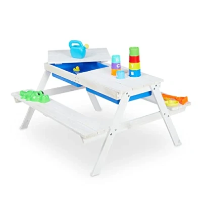 Image of Relaxdays Children&#039;s Furniture Set, Garden Picnic Table with Plastic Tubs for Muddling, HWD: 50 x 89 85cm, Wood, White
