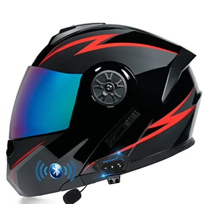 Image of Bluetooth Modular Motorbike Helmet, Full Face Flip Up Motorcycle DOT/ECE Approved, with Double Visor Built in Speaker Headset Microphone, for Automatic Answering 55 62CM