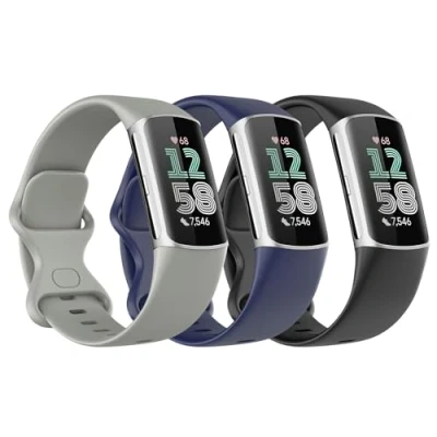 Image of Astorgos 3 Pack Straps Compatible with Fitbit Charge 6/Fitbit 5 for Women Men, Soft TPE Watch Strap Replacement Band, Black/Dark Blue/Rock Gray