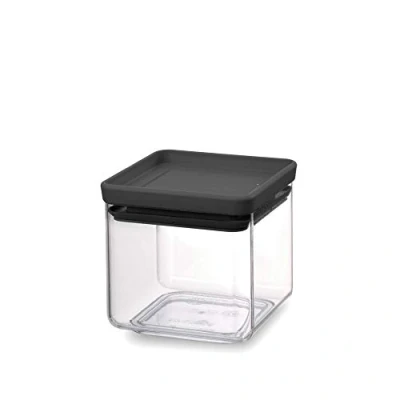 Image of Brabantia Tasty+ Square Stackable 0.7L Food Canister/Storage Jar (Dark Grey) Space Saving Transparent Plastic Tubs with Lids, (122309)
