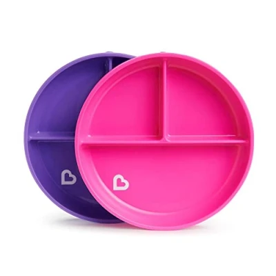 Image of Munchkin Stay Put Divided Plates Kids Plate Set Baby &amp; Toddler with CompartmentsSuction for Babies 6 Months Over BPA Free Weaning 2 Pack Pink/Purple