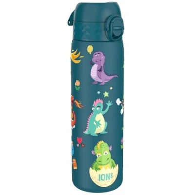Image of Ion8 Steel Water Bottle, 600 ml/20 oz, Leak Proof, Easy to Open, Secure Lock, Dishwasher Safe, Flip Cover, Fits Cup Holders, Carry Handle, Durable, Metal Raised Print, Dragons Design