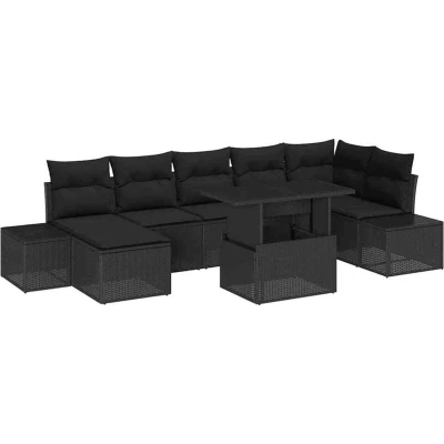 Image of vidaXL 8 Piece Garden Sofa Set with Cushions Black Poly Rattan