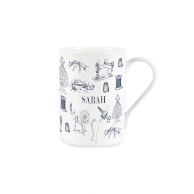 Image of Custom Vintage Hobbies Mug Bespoke Sewing &amp; Textiles Gifts Blue White Bone China Coffee/Tea Cup Present