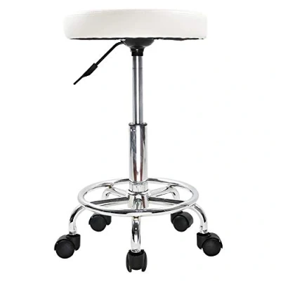 Image of KKTONER PU Leather Round Rolling Stool with Foot Rest Swivel Height Adjustment Spa Drafting Salon Tattoo Work Office Massage Stools Task Chair (White)