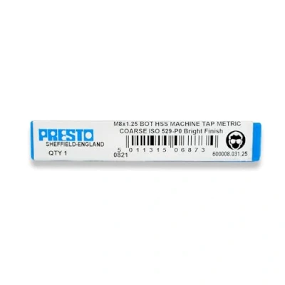 Image of Presto M8X1.25 HSS Bottom Tap ISO 529 Short Machine 6H Straight Flute
