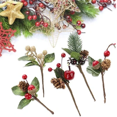 Image of LAMF 20pcs Artificial Pine Picks Christmas Snow Tipped Needles Red Berries Cones for Flower Arrangements Wreaths Holiday Decorations