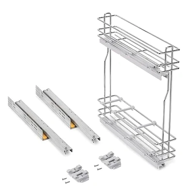 Image of Emuca 8381011 SupraMax Pull Out Bottle Rack with Soft Close, 150mm, Chrome Plated, Steel
