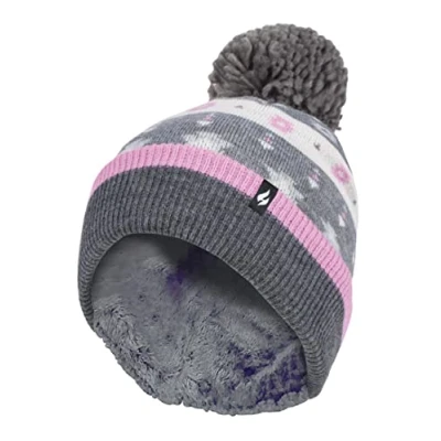 Image of HEAT HOLDERS Ladies Warm Knit Fleece Lined Winter Hat with Pom (One Size, Grey/Pink)
