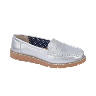 Image of Jo &amp; Joe Women’s Real Suede Leather Penny Loafer Comfortable Smart/Casual Flat Slip on Boat Shoe in Sizes 4 8 (Silver, UK Footwear Size System, Adult, Women, Numeric, Medium, 6)
