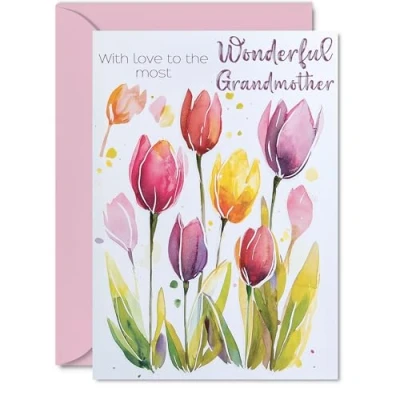 Image of Grandmother Birthday Card Watercolour Tulips Flowers Happy for from Grandson Granddaughter, A5 Female Floral Bday Greeting Cards