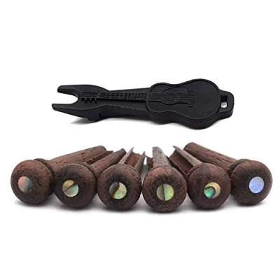 Image of Alnicov Guitar Bridge Pins 6 Piece Rosewood Acoustic String Pegs Slotted Wooden Endpin with puller