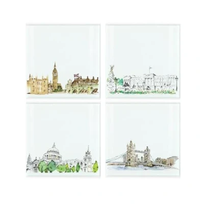 Image of London Landmarks Coaster Set Square Glass Painted Scene Design of Four (4) Coasters