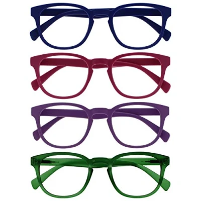Image of Opulize Pop Reading Glasses 4 Pack Fun Round Matt Frame Blue Fuscia Pink Purple Moss Green Spring Hinges Scratch Resistant Mens Womens RRRR2 3456 +3.50