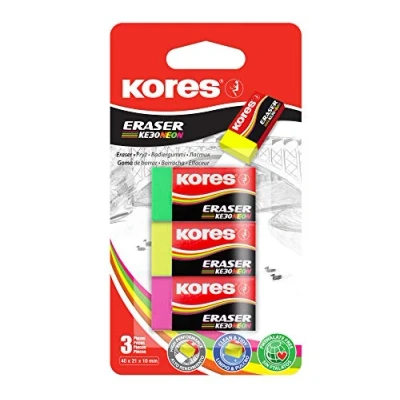 Image of Kores PVC Erasers Neon with Paper Sleeve 40 x 21 10 mm School Supplies, Rubbers Erasers, Cute Stationery, Office for Pack of 3 in Assorted Colours