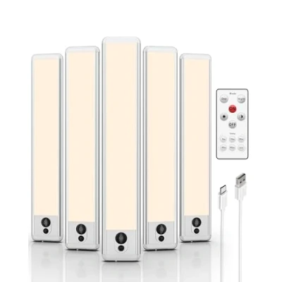 Image of EZVALO Under Cabinet Kitchen Lights, 5 Pack of 5300K Dimmable Wireless Motion Sensor Lights Indoor with Remote Control, LED Night for Kitchen,Wardrobe and Cupboard