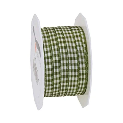 Image of Präsent Vichy Wired Ribbon Olive Cream 10 mm Width, 20 m Length
