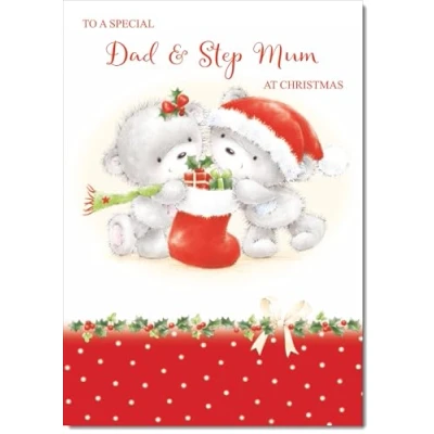 Image of doodlecards Dad and Stepmum Christmas Card Cute Bears with Stocking Medium Size for &amp; Plain Envelope