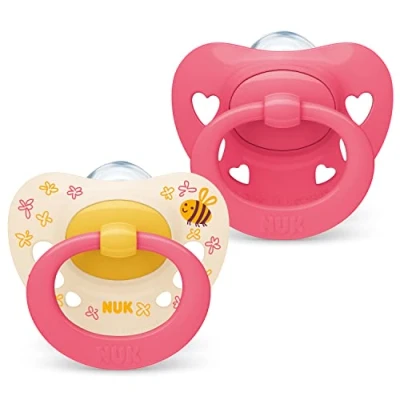 Image of NUK Signature Baby Dummy 6 18 Months Soothes 95% of Babies Heart Shaped BPA Free Silicone Soothers Includes Case Pink Hearts 2 Count