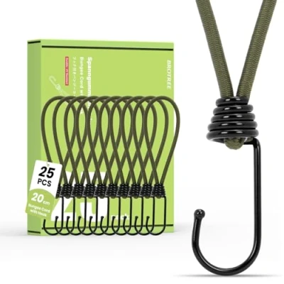 Image of Brotree Bungee Cords with Hooks 25 Pack 20cm Small Rope for Tarpaulins, Tents, Tarp and Fixing Army Green