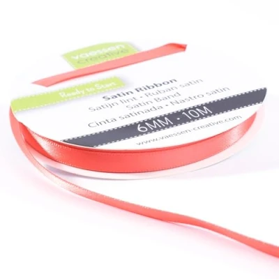 Image of Vaessen Creative Satin Ribbon, Coral, 6mm x 10m, Elegant Shine for Card Making, Scrapbooks, Gift Wrapping and Other Craft Projects, 6 mm