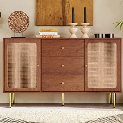 Image of Merax Rattan Sideboard, Bedroom Chest of Drawers with 2 Doors 3 and Adjustable Shelf, Storage Cabinet for Living Room, Hallways, Vintage Kitchen Cupboard, Walnut, 40 x 150 90cm