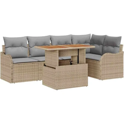 Image of vidaXL 6 Piece Garden Sofa Set with Cushions Beige Poly Rattan Acacia