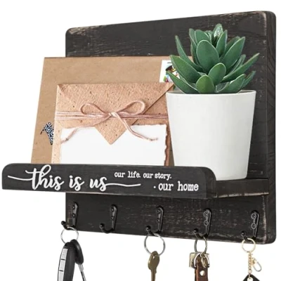 Image of AOAOPQ Wood Key Holder for Wall with Shelf Farmhouse and Mail Decorative Hooks Entryway Bedroom Bathroom Hanger Black