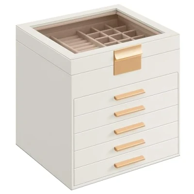 Image of SONGMICS Jewellery Box with Glass Lid, 6 Layer Storage Organiser 5 Drawers, Plenty of Storage, Modern, Gift Idea, 20.3 x 23.1 22.8 cm, Cloud White and Gold JBC176W01