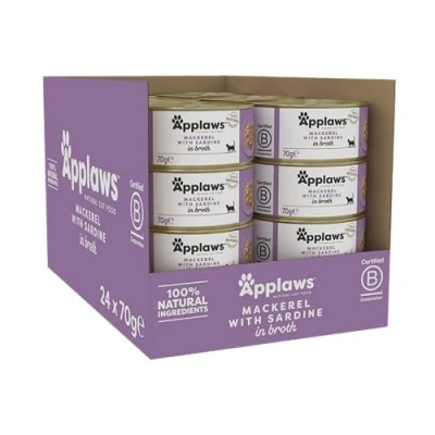 Image of Applaws 100% Natural Wet Cat Food Tins, Mackerl with Sardine in Broth 70 g for Adult Cats (24 x Tins)