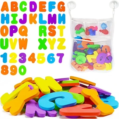 Image of Jiosdo Baby Bath Toys, 36 Foam Letters and Numbers, 1 Mesh Toy Storage Organiser Bag, 2 Strong Hooks, Educational Bathroom Shower Toddlers Kids Toys (Letters A Z; Numbers 0 9)