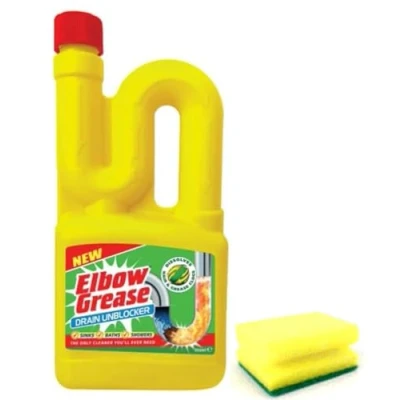 Image of Elbow Grease Drain Unblocker 750 ml Effective For Sinks, Baths, Showers Stubborn Blockages, with Multi Purpose Cleaning Sponge