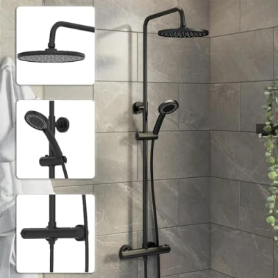 Image of Bathroom Thermostatic Mixer Shower Set Round Matte Black Twin Head Exposed Valve System Separate Handset