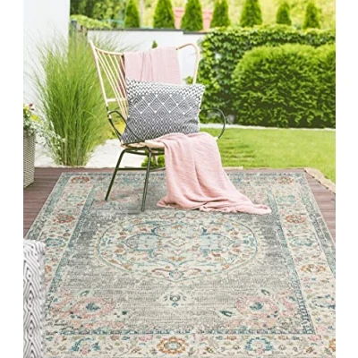Image of the carpet Palma Indoor &amp; Outdoor Rug, Flat Weave, Robust, Modern Design, Vintage Look, Used Super Flat, UV and Weather Resistant, Orient Pattern, Grey Orient, 140 x 200 cm