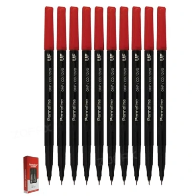 Image of SCHOOL MATE PERMANENT Fineline Marker Pens, RED, Ultra Fine Tip, Pack of 10, CPM10RED, Smooth Surface Waterproof Ink, ZOFAX Black Ball Pen