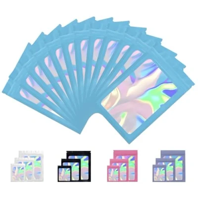 Image of Rimiko 50pcs Pink Ziplock Mylar Bags with Clear Window, Aluminum Foil Sample Bags, Resealable Holographic Self Sealing Pouches for Packaging and Food Storage (Holographic Sky Blue, 4.7&quot;x7.9&quot;)