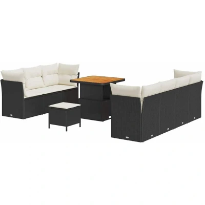 Image of vidaXL 10 Piece Garden Sofa Set with Cushions Black Poly Rattan Acacia