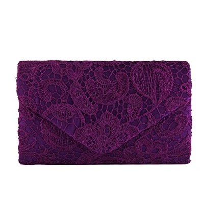 Image of Eleoption Women&#039;s Satin Lace Envelope Clutch Bag Ladies Elegant Evening Bridal Wedding Fashion Prom Handbag Shoulder Chain (Purple)