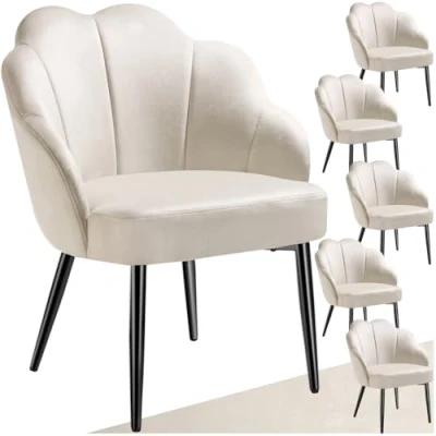 Image of TecTake® Set of 6 Accent Chairs in Shell Design with Velvet Look Covers, Armchair Curved Backrests, Thick Padding &amp; Slim Steel Legs, Ideal as Vanity Chair Bedroom Cream/Black