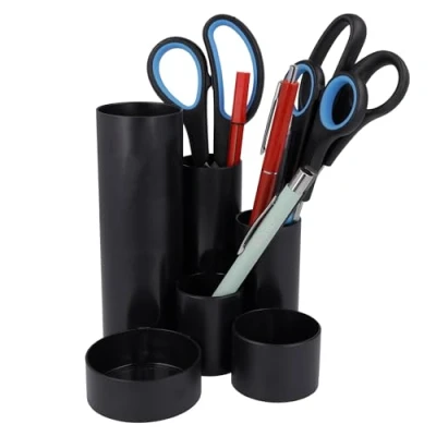 Image of Westcott Pen holder black recycled with 6 round compartments as desk organiser Blue Angel certified Clear storage of pens and office accessories E 744580 00