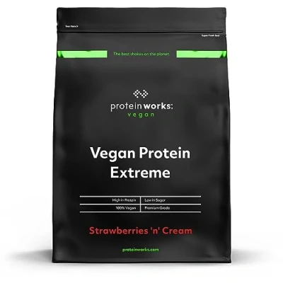 Image of Protein Works Vegan Extreme , 29g Plant Based Added Vitamin Blend 57 Servings Strawberries &#039;n&#039; Cream 2kg