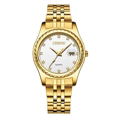 Image of JewelryWe Couple Watches Gold Plated Stainless Steel Wristwatch Calendar Quartz Watch Men Women His and Her Matching Set