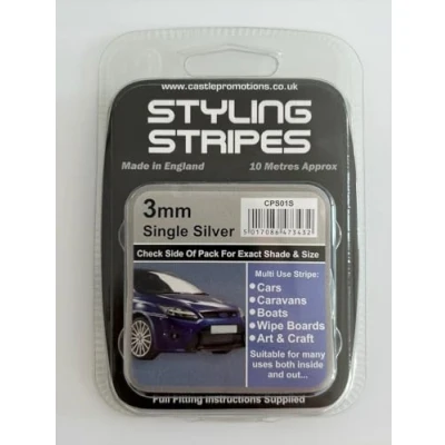 Image of Pin Stripe 3mm x 10mtr Self Adhesive Car Black White Red Gold Silver Coach Tape Styling (Silver)