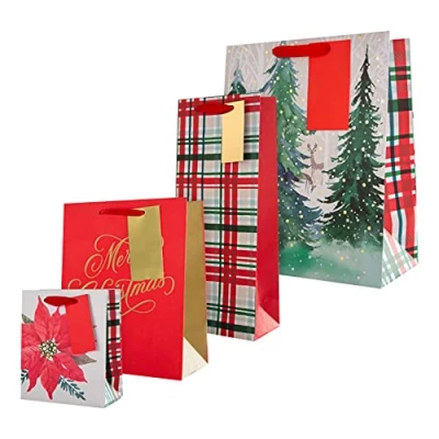 Image of Hallmark Gift Bags, Bags for Presents, Pack of 4, Red Tartan, Festive Designs, Christmas